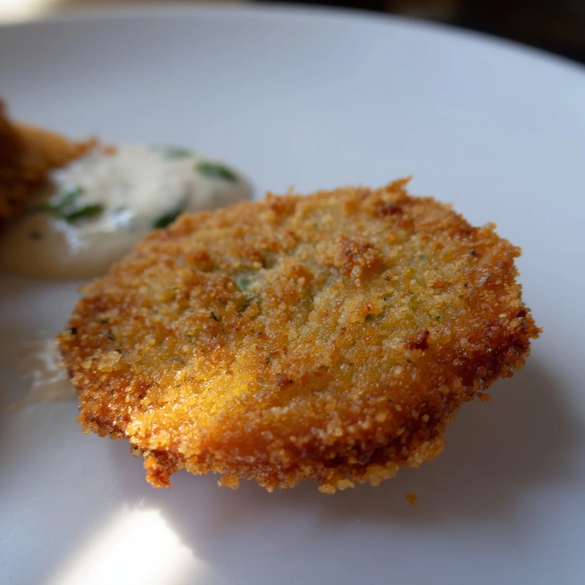 Freshly fried green tomato slices paired with creamy Remoulade sauce, garnished with parsley for a classic Southern appetizer presentation.