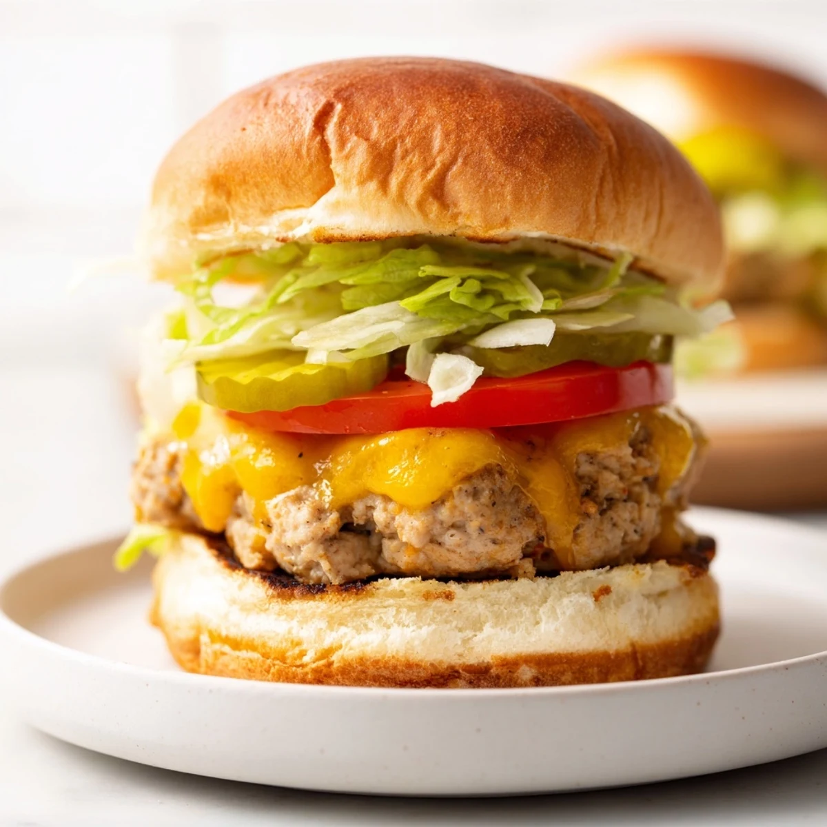 Golden-brown Tailgate Turkey Burger Sliders stacked high with pickles, mustard, and juicy patties, perfect for a game day spread.