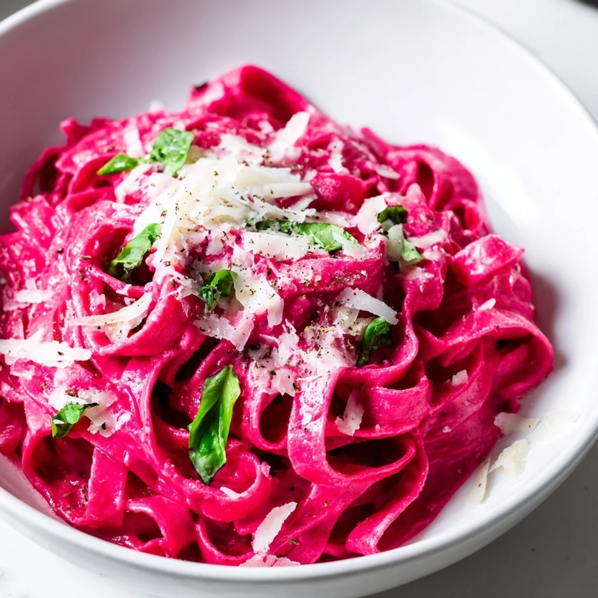 A close-up of Valentine Pink Pasta with Beet Sauce shows al dente fettuccine coated in vibrant magenta sauce, topped with grated Parmesan and a lemon wedge.