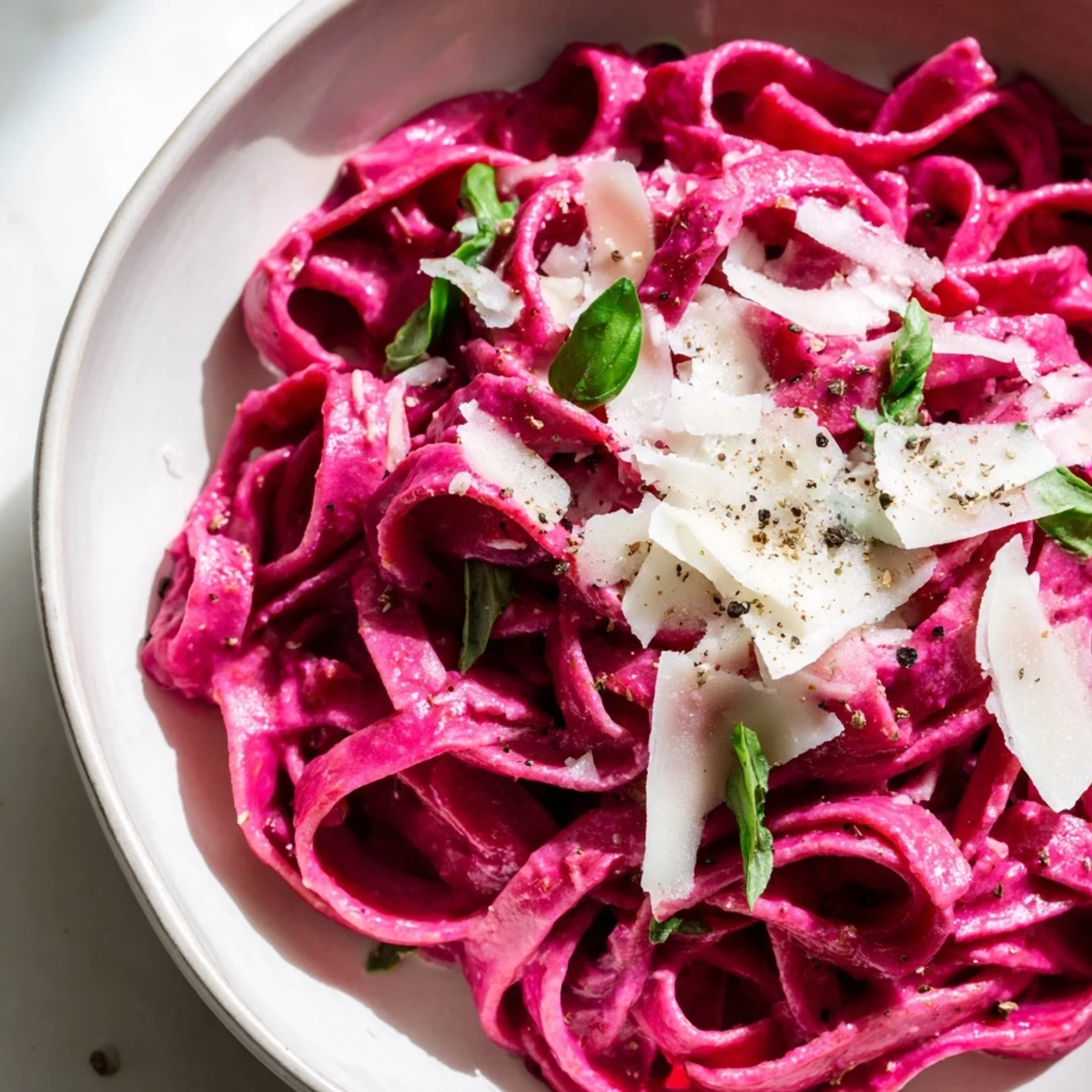 Creamy Valentine Pink Pasta with Beet Sauce swirls in a white bowl, garnished with fresh basil and cracked pepper for a romantic, earthy dinner.