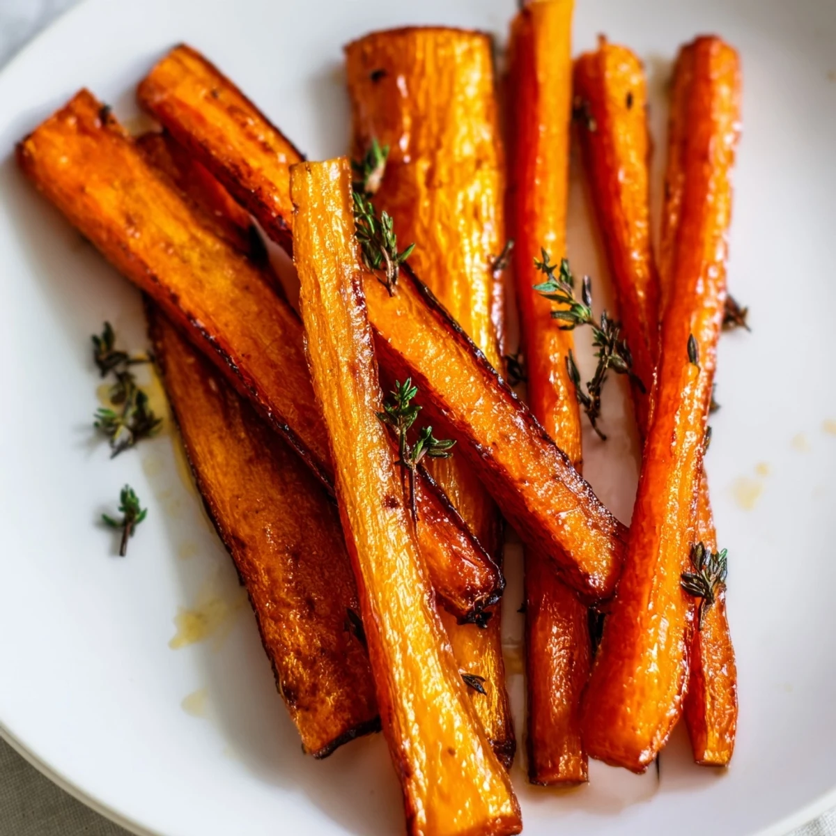 Caramelized roasted carrots with honey and thyme garnished with fresh sprigs, ready to serve.