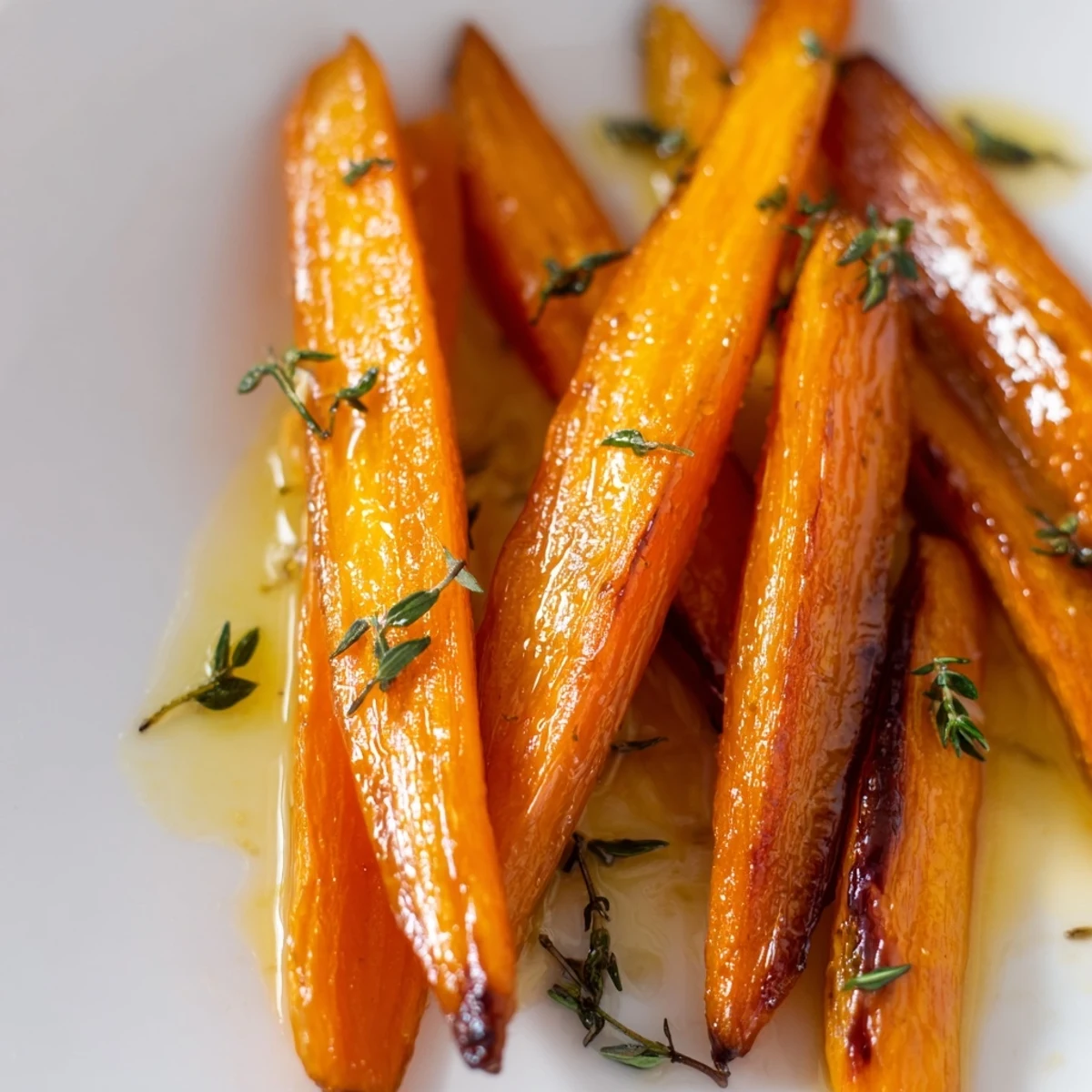 Roasted carrots with honey and thyme paired beside creamy mashed potatoes and roast chicken.  