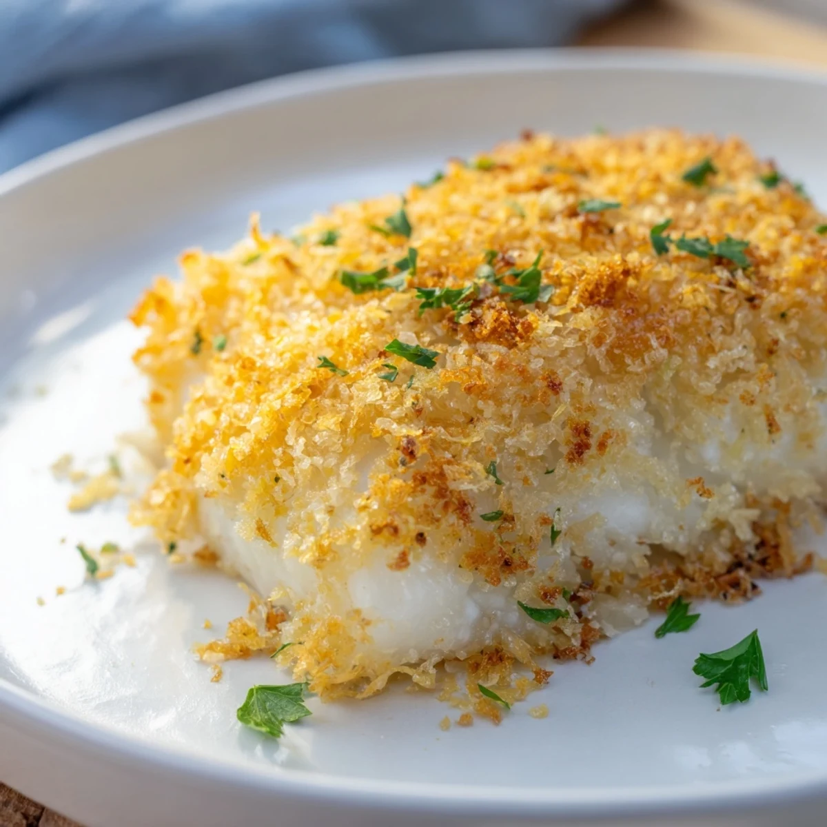 Golden-brown panko-crusted cod fillets baked to flaky perfection, served on a white plate with lemon wedges and fresh parsley garnish.