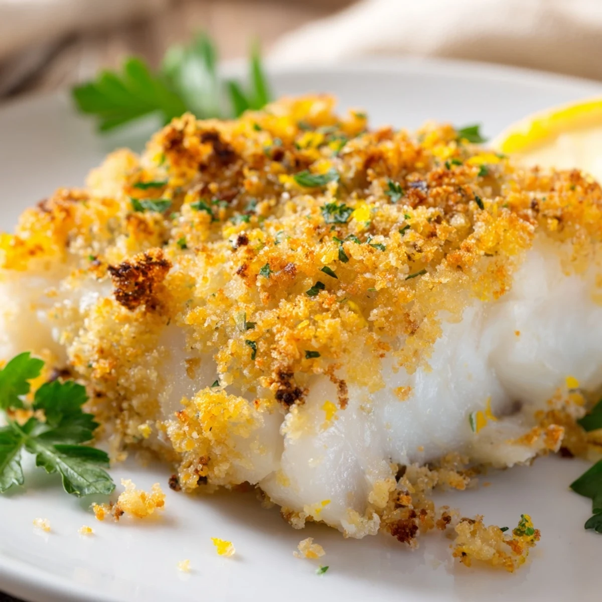 Flaky cod fillets topped with buttery panko breadcrumbs, baked until golden and ready to serve with a squeeze of fresh lemon.