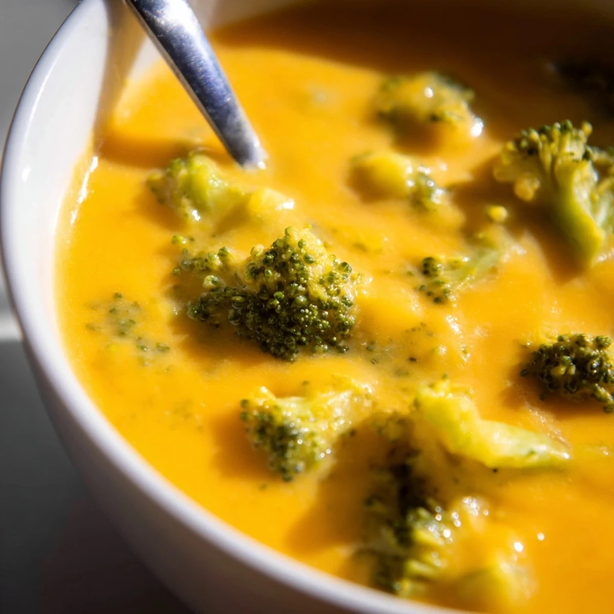 Velvety Creamy Broccoli Cheddar Soup in a white bowl, garnished with grated cheddar and black pepper beside a crusty bread slice.  