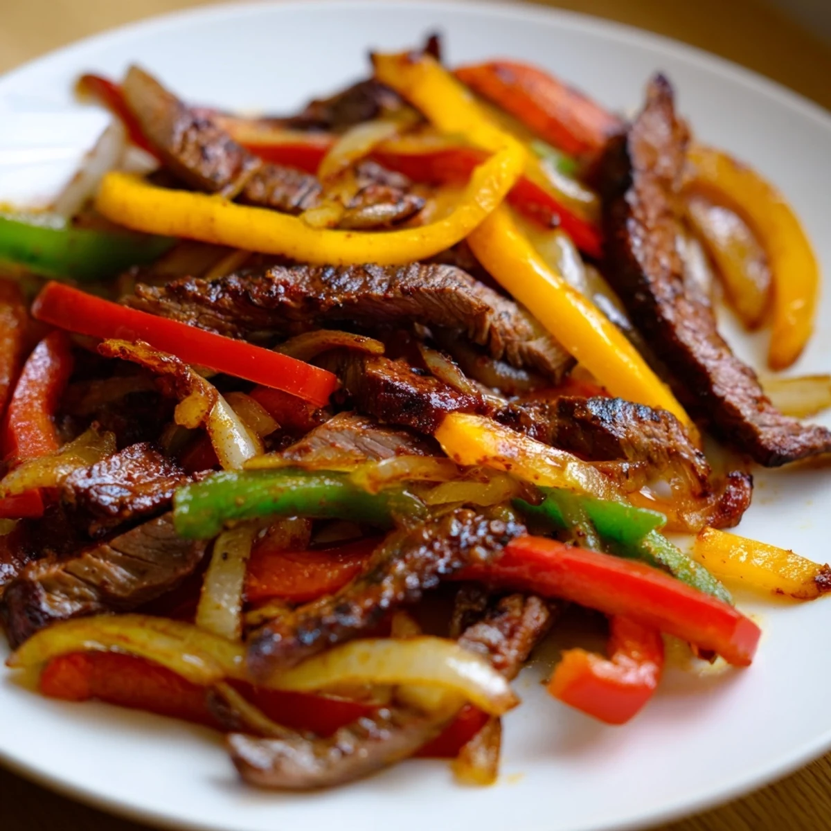 Sizzling beef Fajitas with peppers and onions, fresh off the skillet, with warm flour tortillas and lime wedges ready to serve.