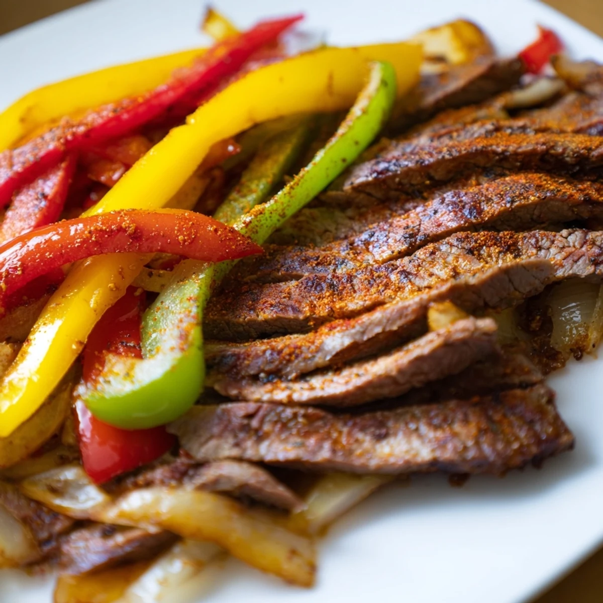 Golden sautéed beef fajitas with peppers and onions on a plate, served with tortillas and guacamole for a delicious family meal.