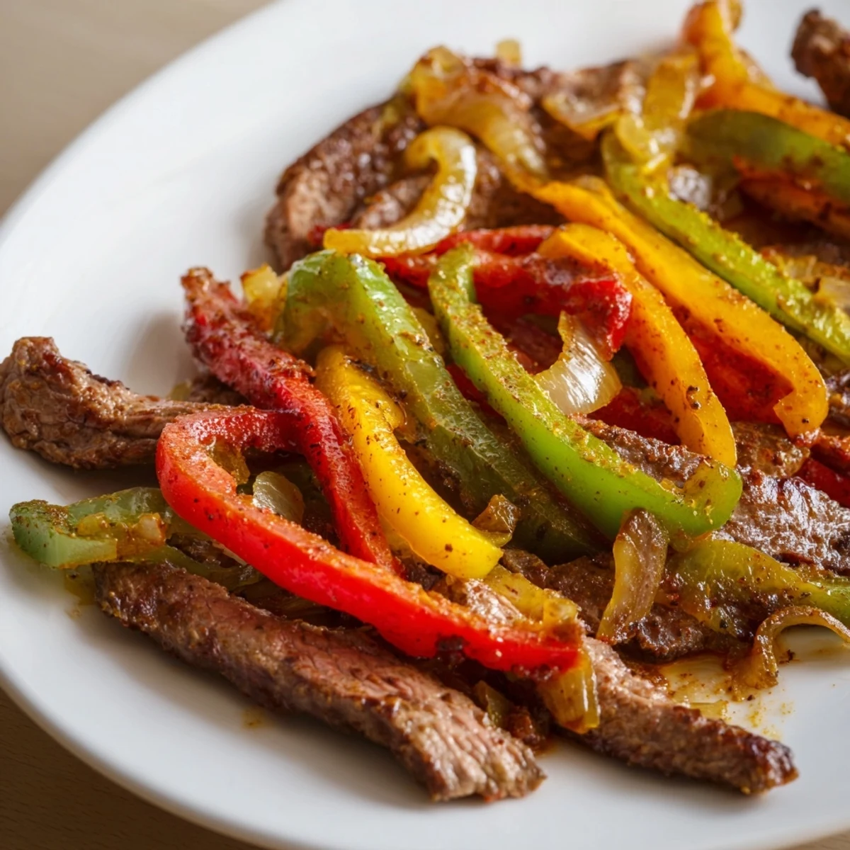 Sliced flank steak fajitas with peppers and onions, garnished with cilantro and lime, ideal for a sizzling weeknight Tex-Mex dinner.