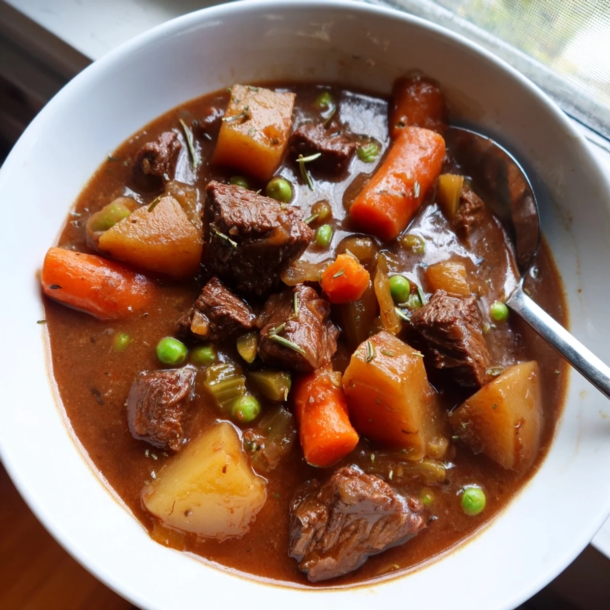 Slow Cooker Beef Stew with Vegetables steams in a bowl, featuring tender chunks of beef, carrots, and potatoes in a rich, savory broth.