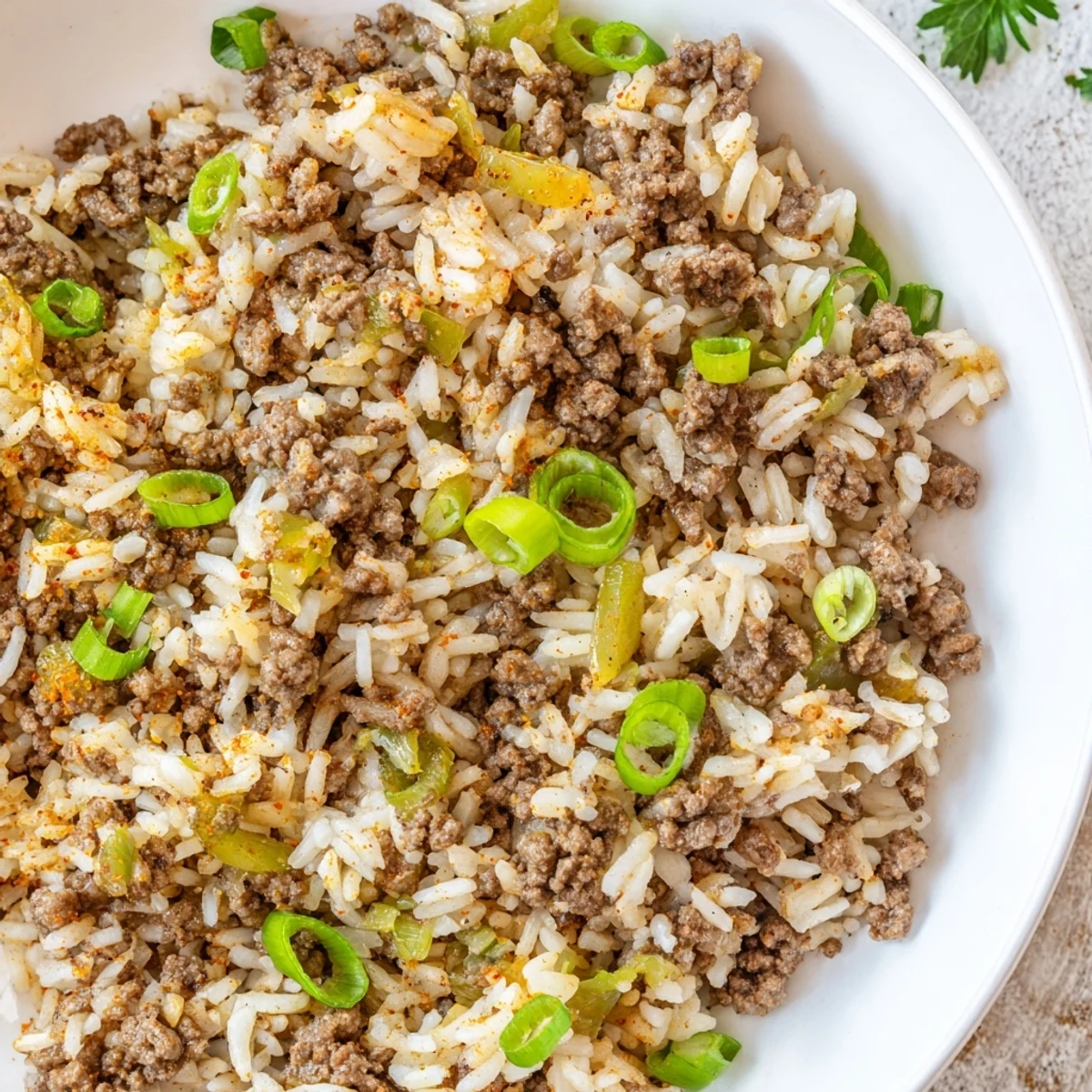 A close-up view of Cajun Dirty Rice with ground beef, garnished with fresh parsley and green onions, ready to serve.