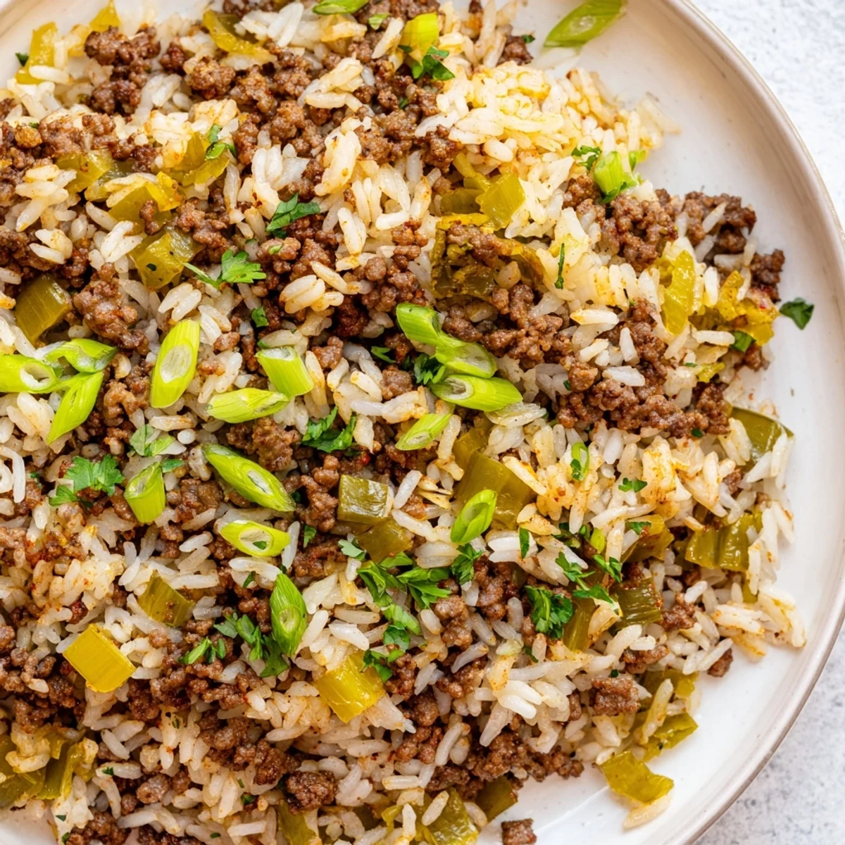 Hearty bowl of Cajun Dirty Rice featuring spiced ground beef, diced peppers, and fluffy white rice, perfect for a family meal.