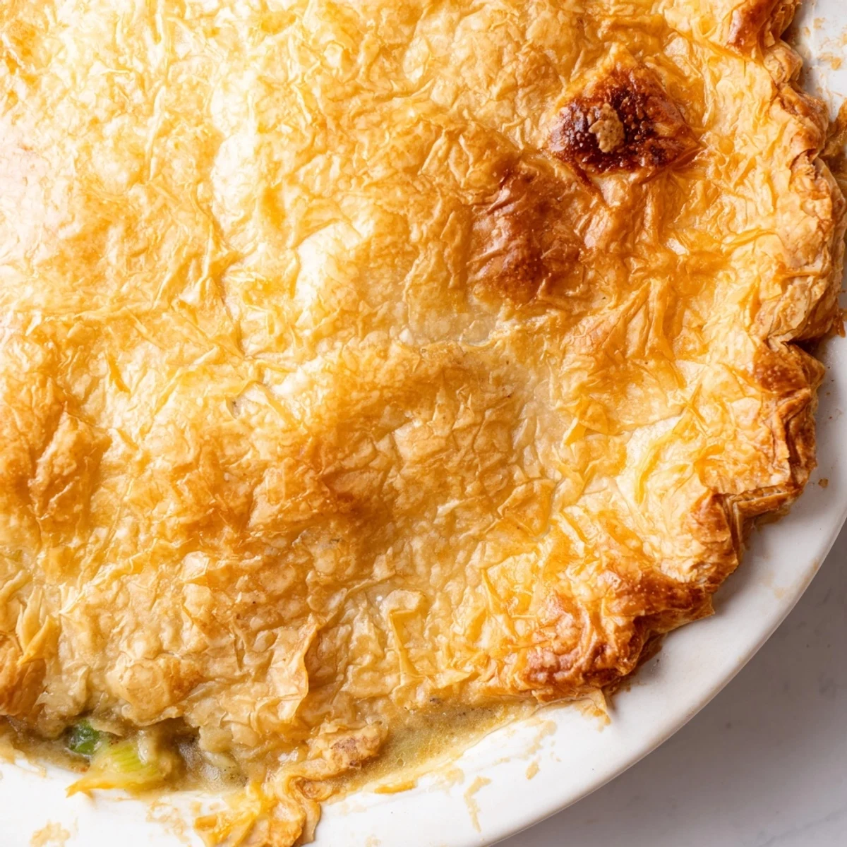 Golden-brown puff pastry tops a bubbling chicken pot pie filled with creamy vegetables and tender chicken.