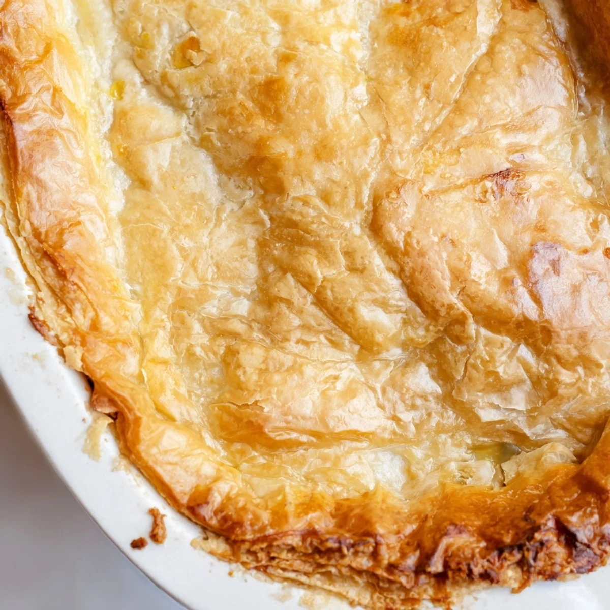 A close-up of homemade chicken pot pie with flaky pastry crust, served on a rustic wooden table.