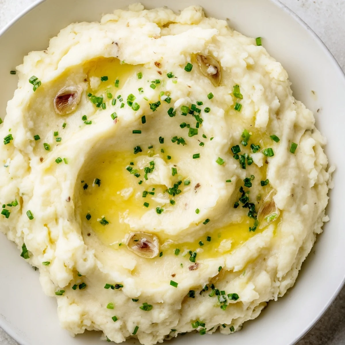 Fluffy Garlic Mashed Potatoes with Roasted Garlic are presented in a rustic ceramic bowl, garnished with fresh chives for a pop of color.