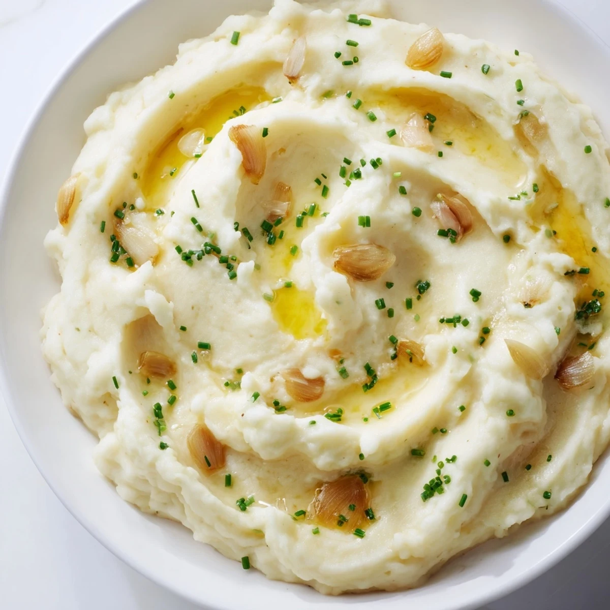 A close-up of creamy Garlic Mashed Potatoes with Roasted Garlic, showcasing the smooth texture next to a halved roasted garlic bulb.
