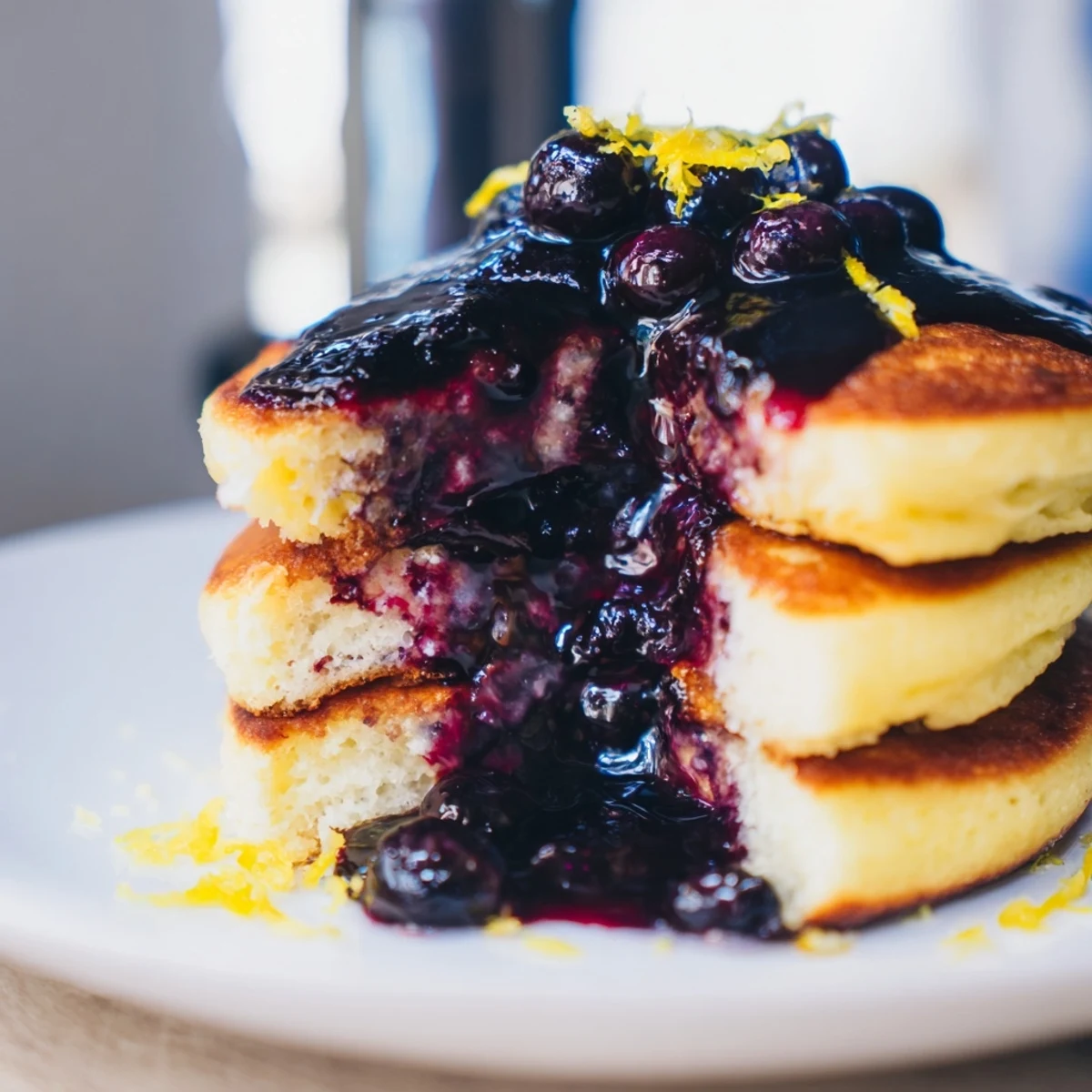 A close-up view of fluffy Lemon Ricotta Pancakes with Blueberry Syrup, topped with fresh berries and a dusting of powdered sugar.