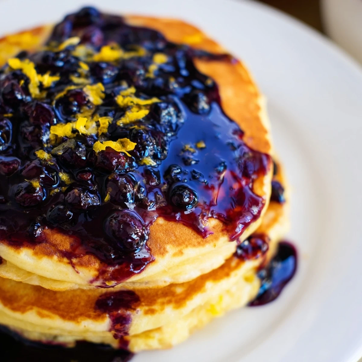 Soft, thick Lemon Ricotta Pancakes with Blueberry Syrup, served warm on a white plate with a pat of melting butter.