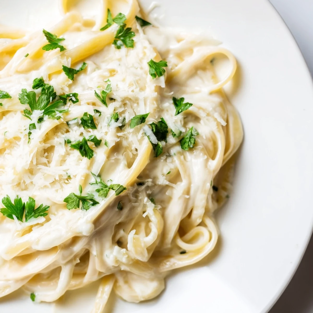A skillet of Creamy Garlic Pasta with Parsley, the velvety sauce clinging to fettuccine, steam rising as extra Parmesan is grated over the dish.