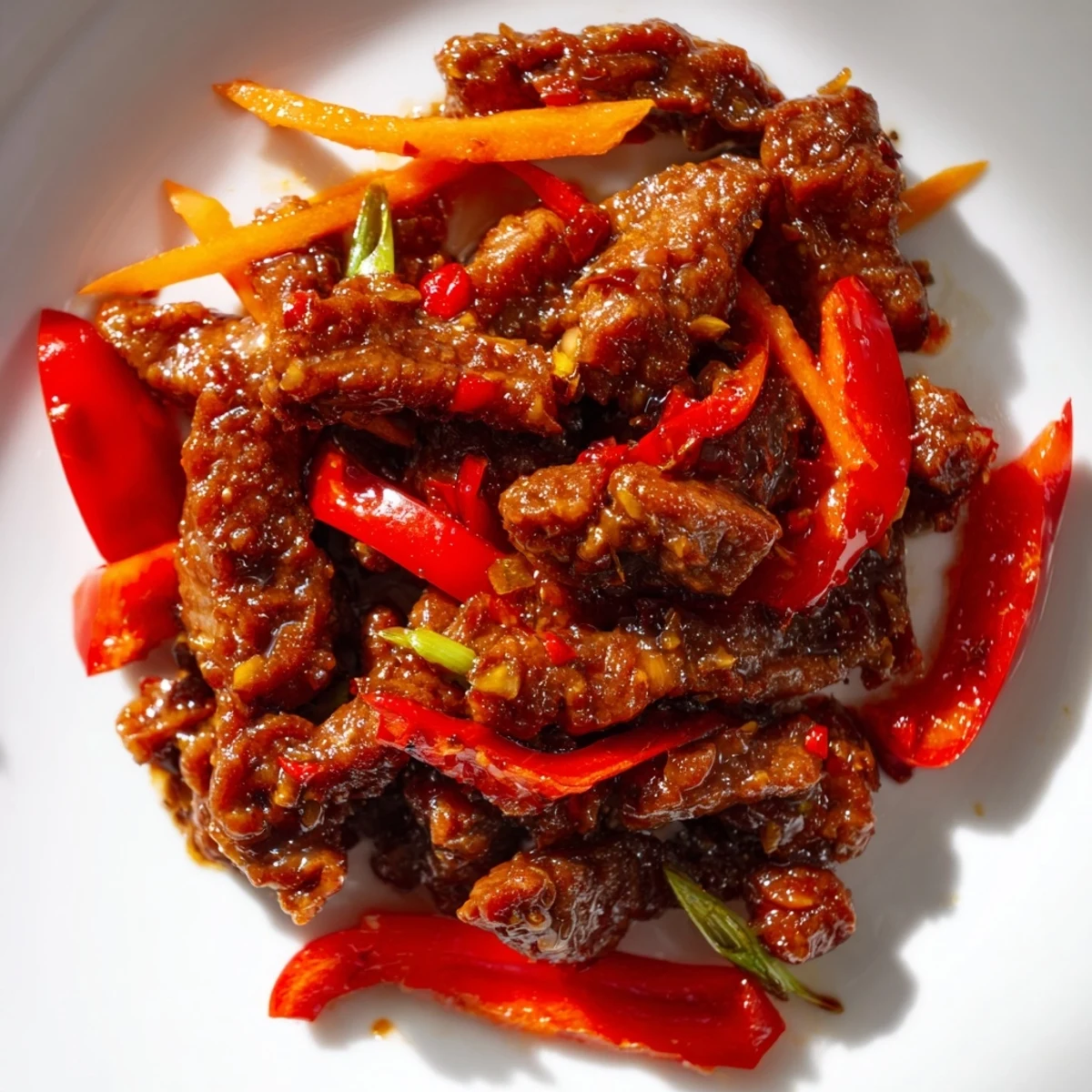 Sizzling Spicy Beef Stir Fry with Vegetables showcases glossy sauce coated beef with broccoli and snap peas in a wok.