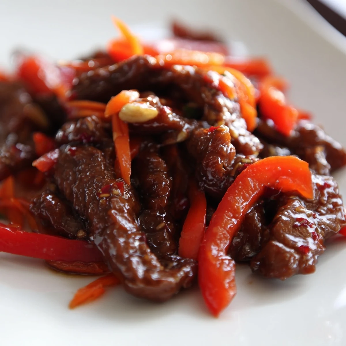 A plated serving of Spicy Beef Stir Fry with Vegetables pairs colorful veggies and beef over fluffy white rice.