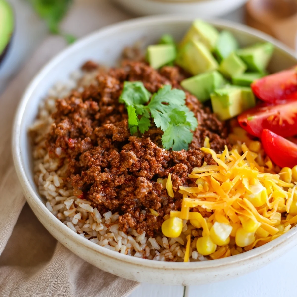 Golden-brown spiced ground beef and fluffy brown rice form the base of this hearty Beef Burrito Bowl, topped with fresh corn and tomatoes.