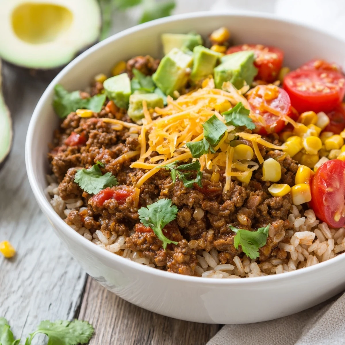 Assembled Beef Burrito Bowl features seasoned ground beef, black beans, and crisp lettuce atop brown rice, with a dollop of sour cream and cilantro.