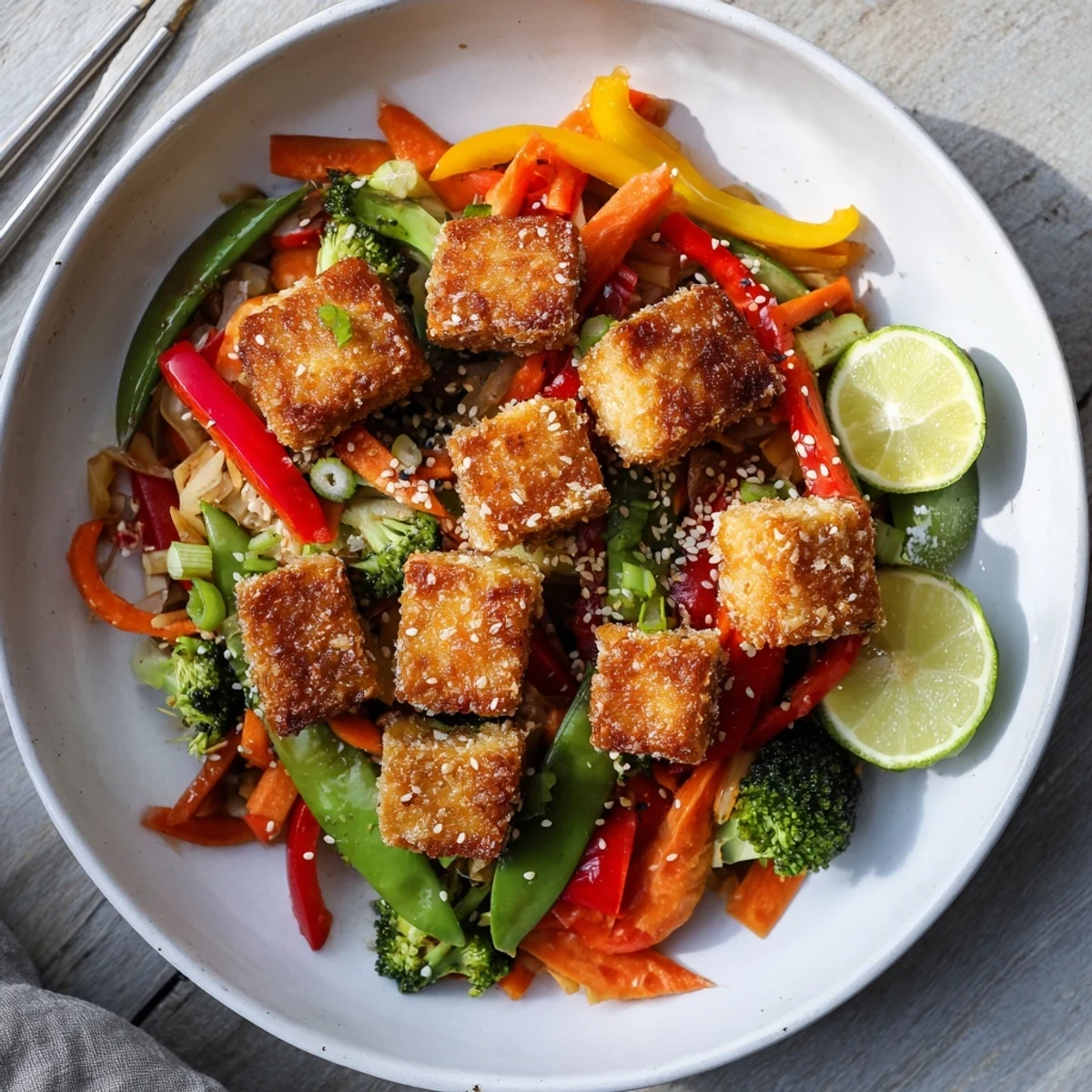 Crispy coconut tofu cubes sit atop colorful stir-fried veggies with a drizzle of zesty soy-lime sauce.  