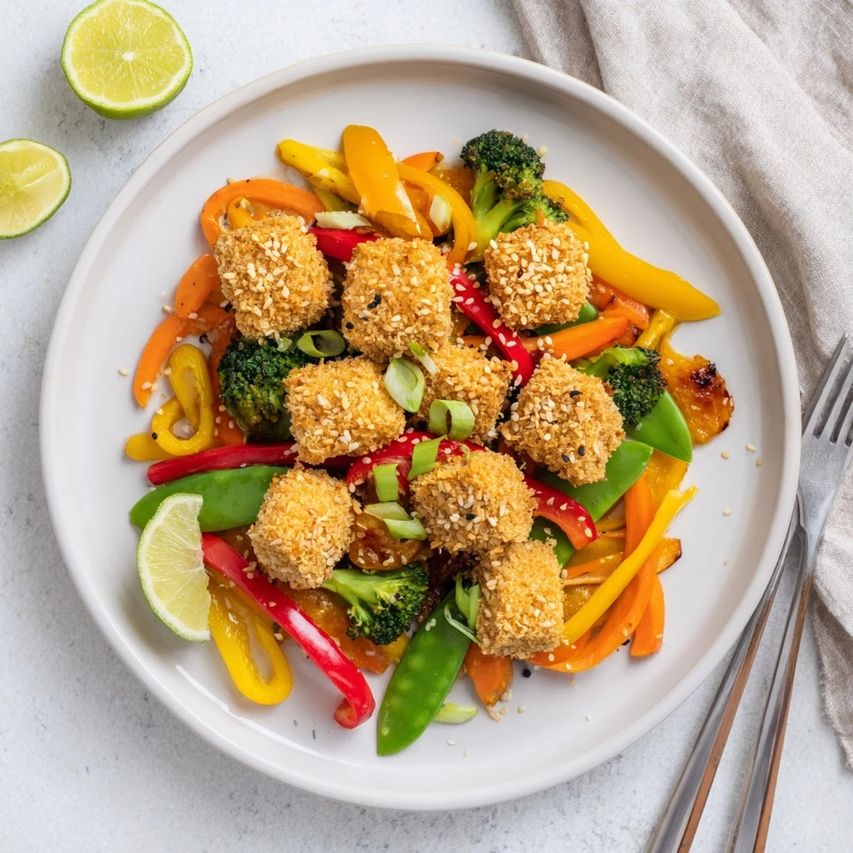 Golden, coconut-crusted tofu with vibrant bell peppers, broccoli, and snap peas, finished with sesame seeds.  