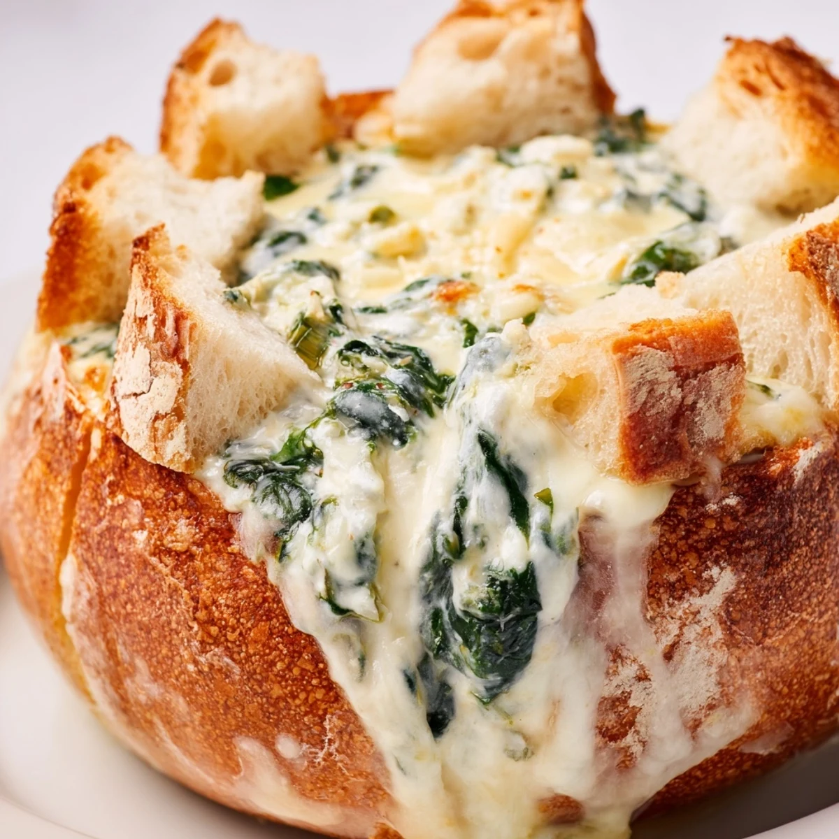 Creamy Spinach Dip with sourdough bread pieces, garnished with herbs, served warm on a rustic wooden board. 