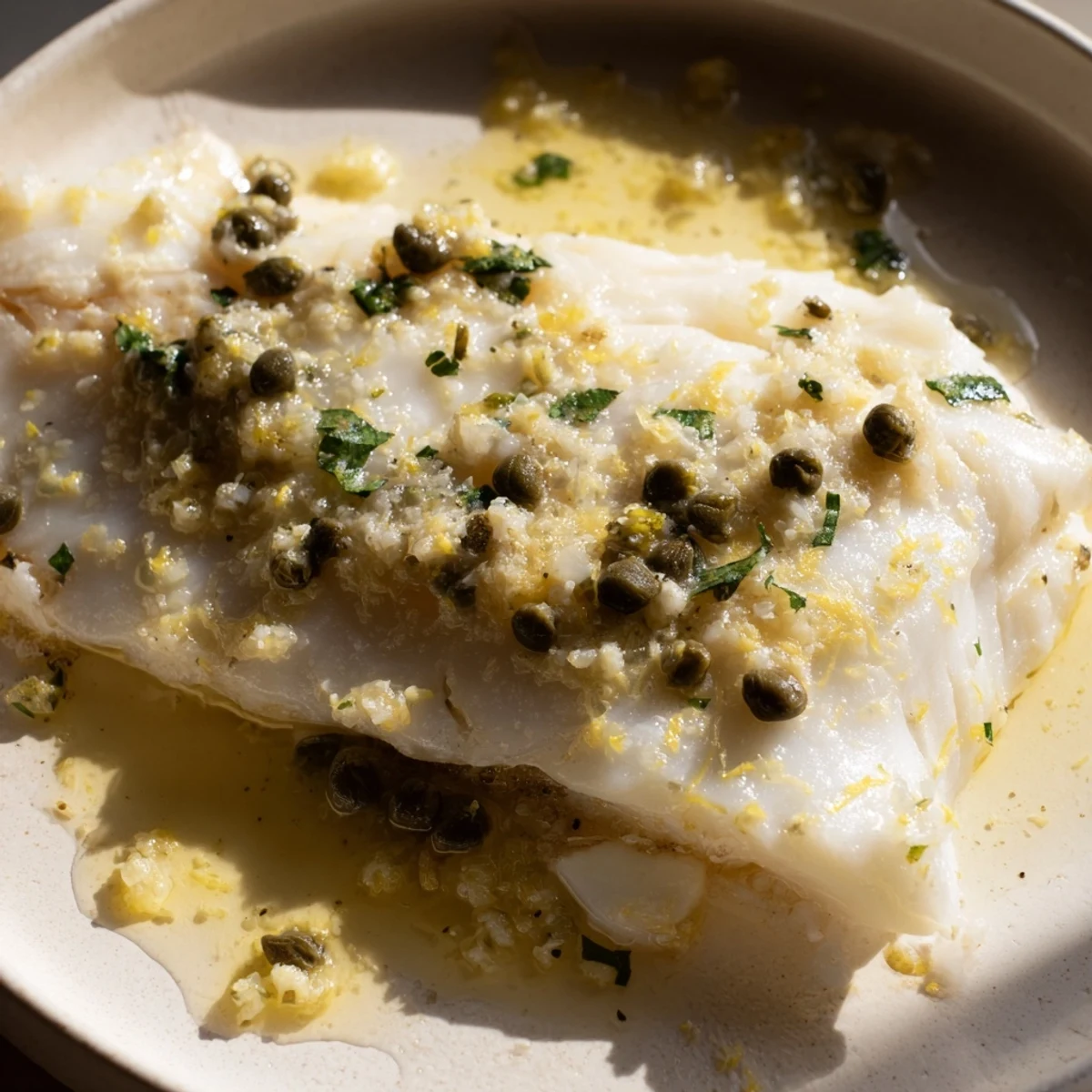 Golden-brown baked haddock fillets glistening with a bright lemon-caper sauce, garnished with fresh parsley and lemon slices on a white plate.
