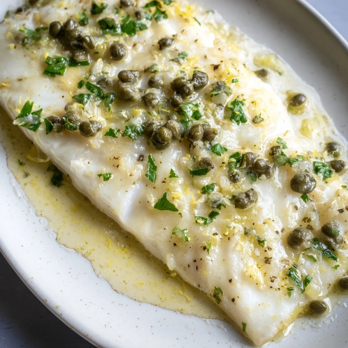Zesty lemon-caper sauce drizzled over tender haddock fillets, fresh from the oven and ready to enjoy with roasted potatoes.