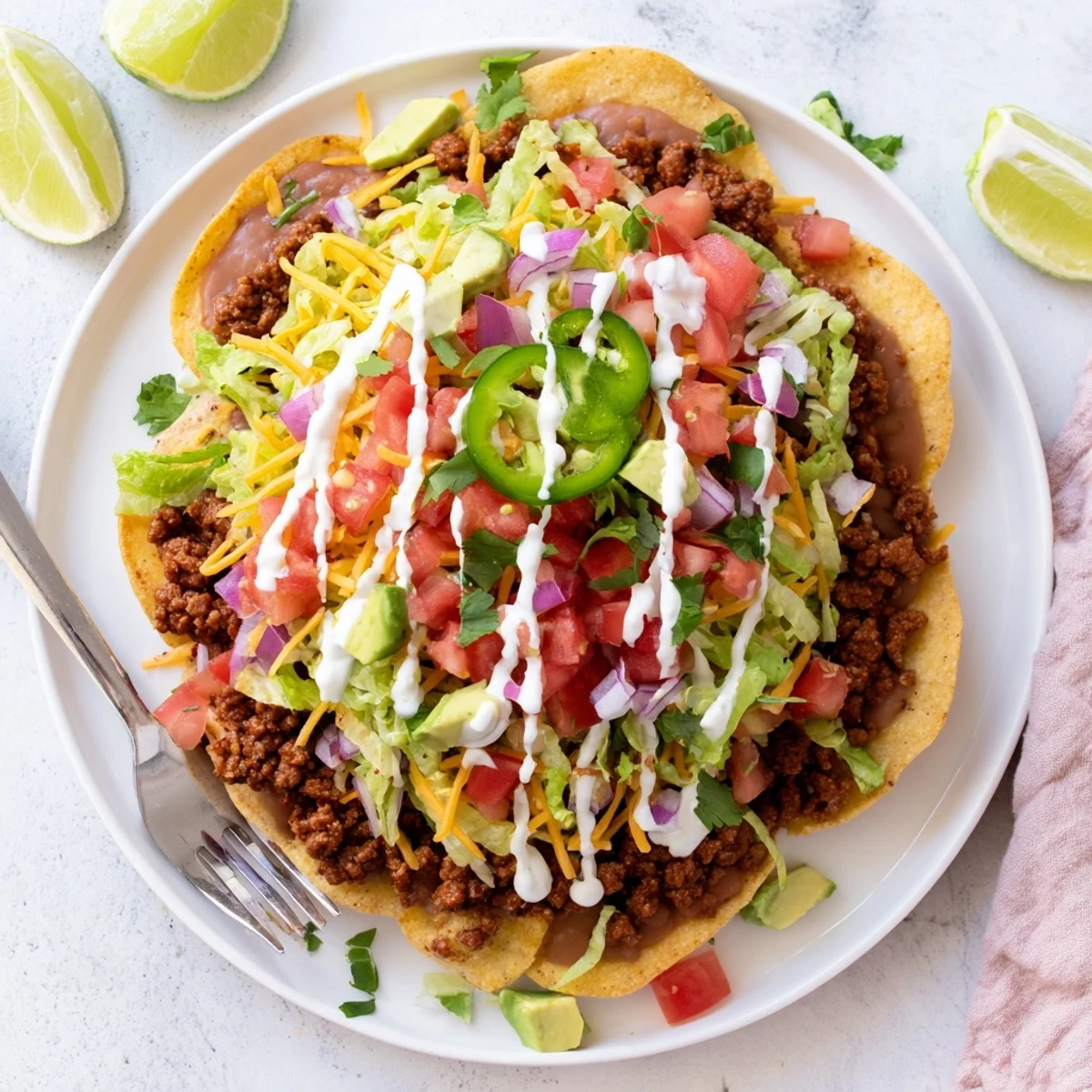 Golden beef tostadas topped with melted cheese, diced tomatoes, and zesty lime wedges for serving.