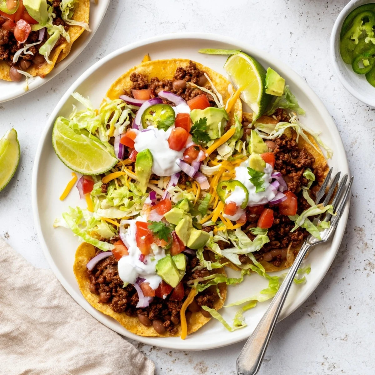 Freshly prepared tostadas featuring seasoned ground beef, refried beans, avocado slices, and cilantro garnish.