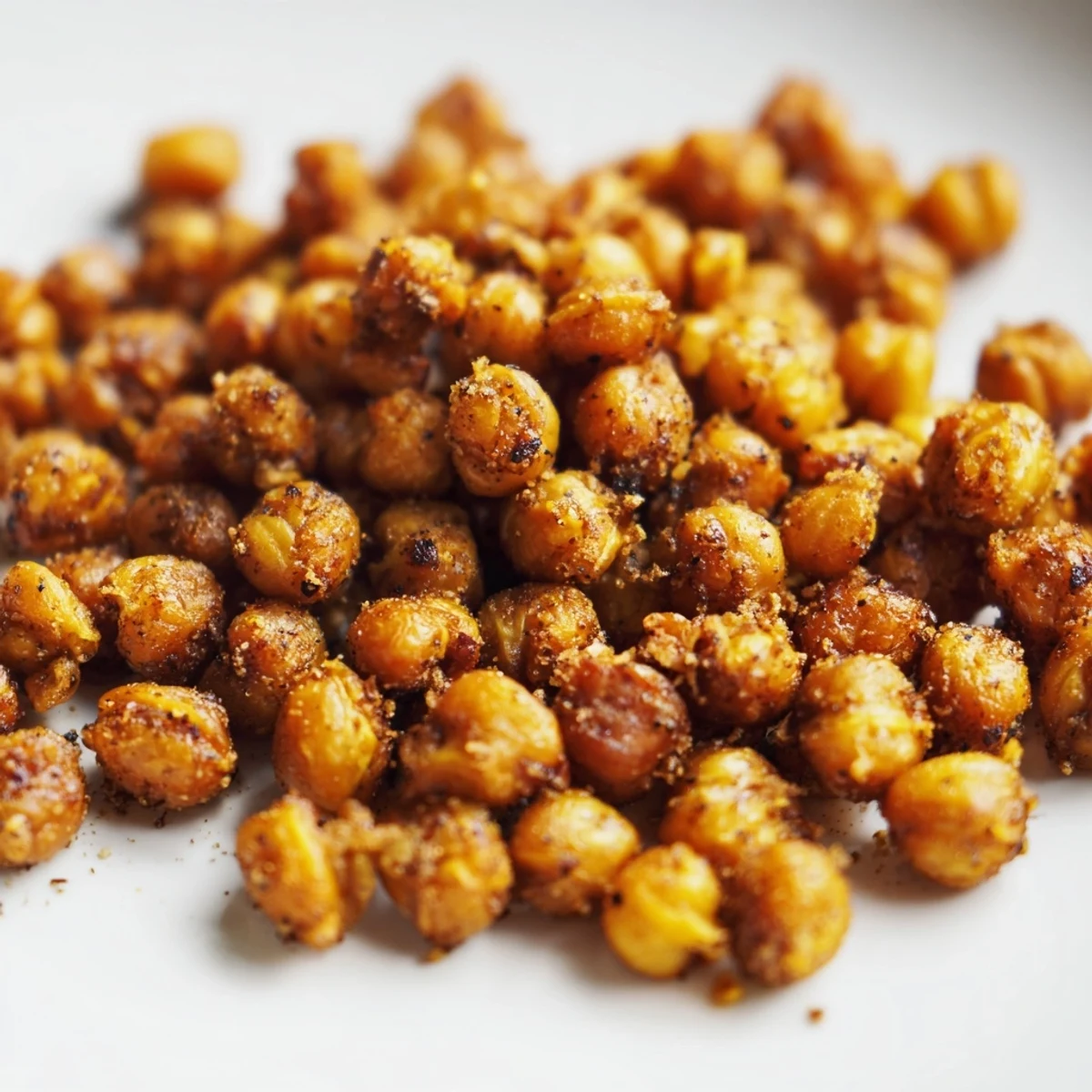 Golden-brown Spicy Roasted Chickpeas with Cumin spill from a baking sheet onto a rustic wooden table.  