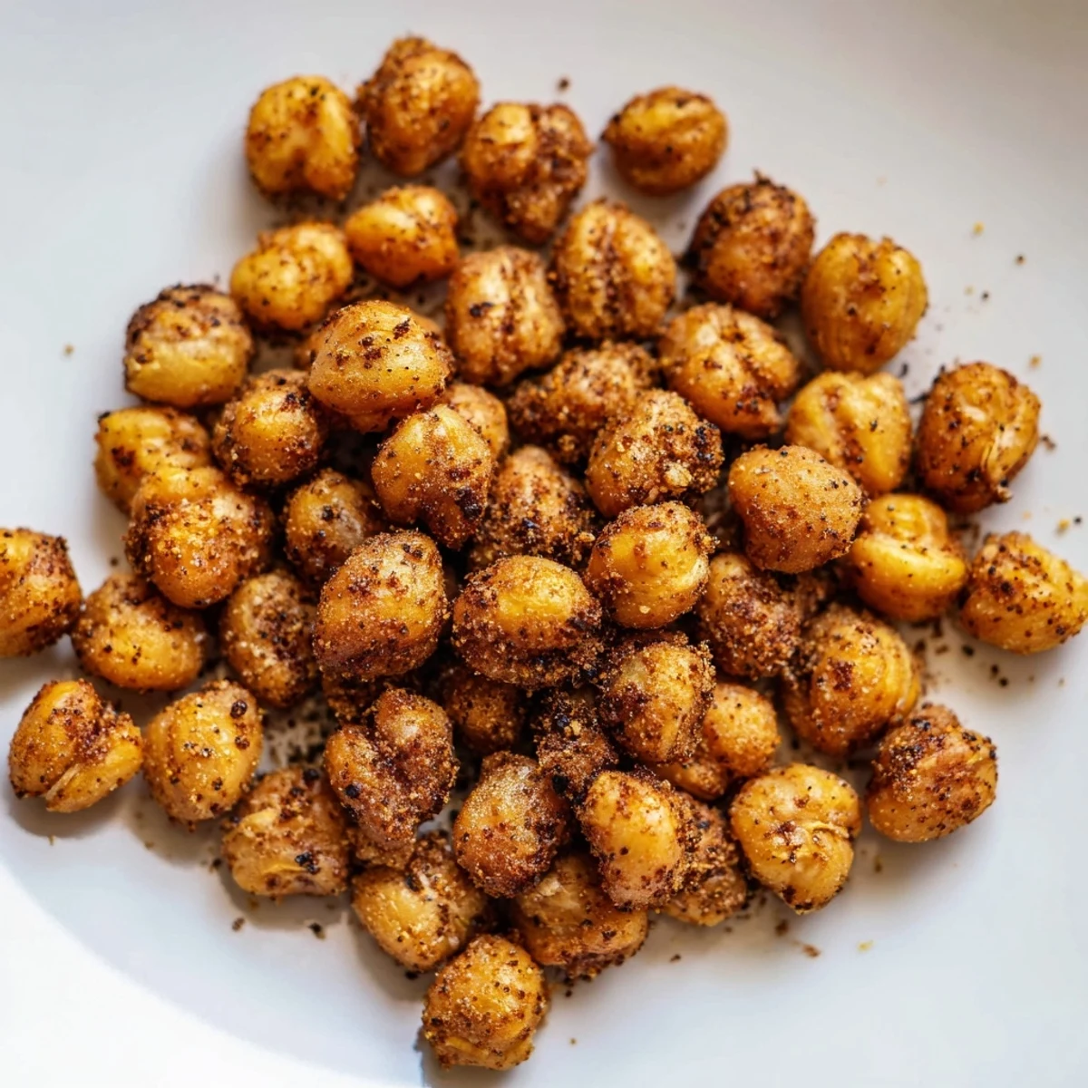 A close-up view reveals the crunchy texture of Spicy Roasted Chickpeas with Cumin, seasoned with paprika and cayenne.  
