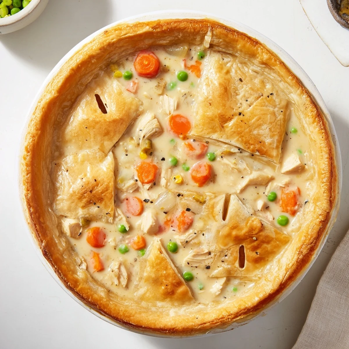 A slice of Turkey Pot Pie with Puff Pastry Crust reveals a creamy, chunky filling with peas and carrots beneath a golden, flaky top.