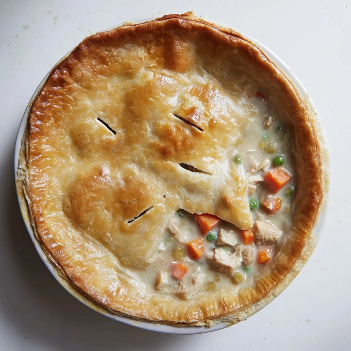 Steam rises from a bubbling Turkey Pot Pie with Puff Pastry Crust, served in a rustic dish for a cozy, comforting dinner.