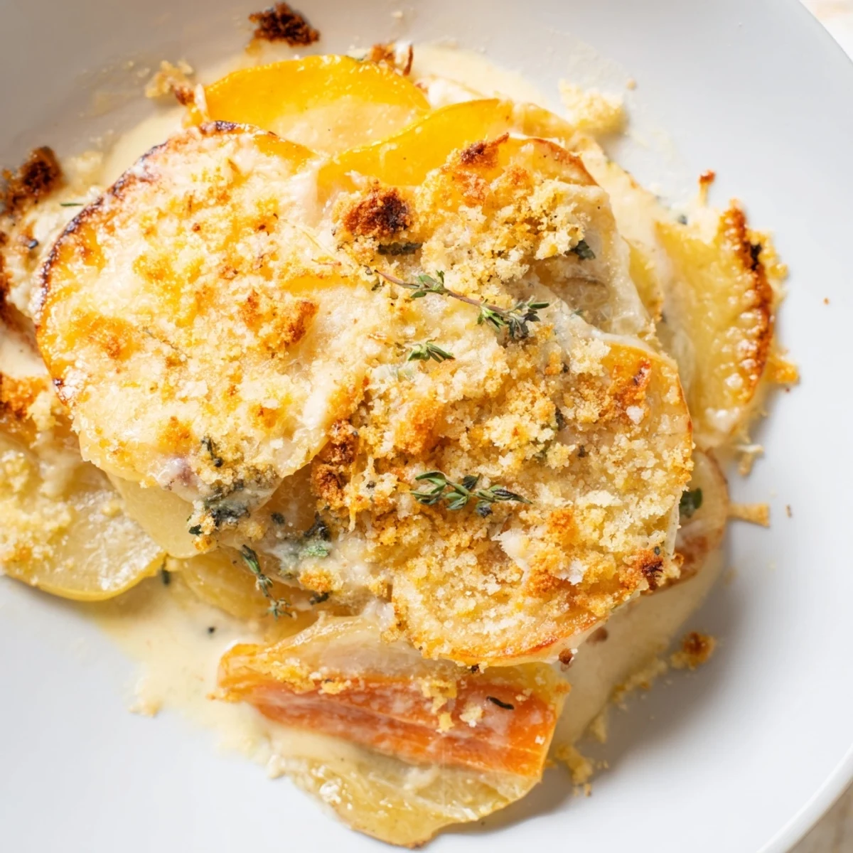 A close-up of Winter Vegetable Gratin with Gruyere, its golden-brown, bubbly cheese topping covering layers of tender potatoes, carrots, and parsnips.  