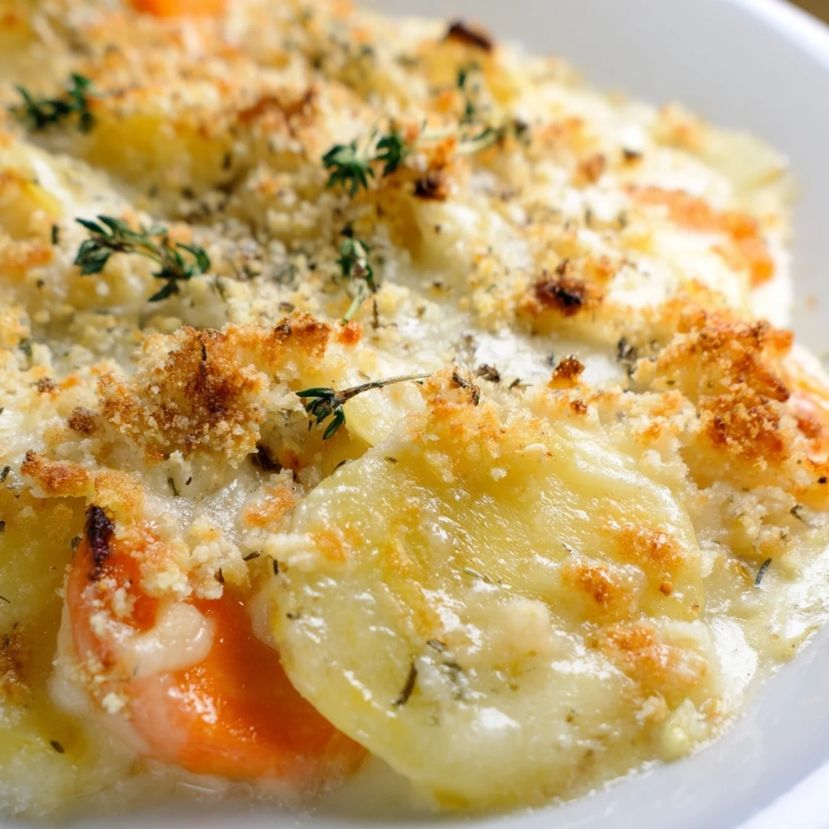 Serving a comforting Winter Vegetable Gratin with Gruyere from the oven, garnished with fresh thyme and ready for a cozy family dinner.