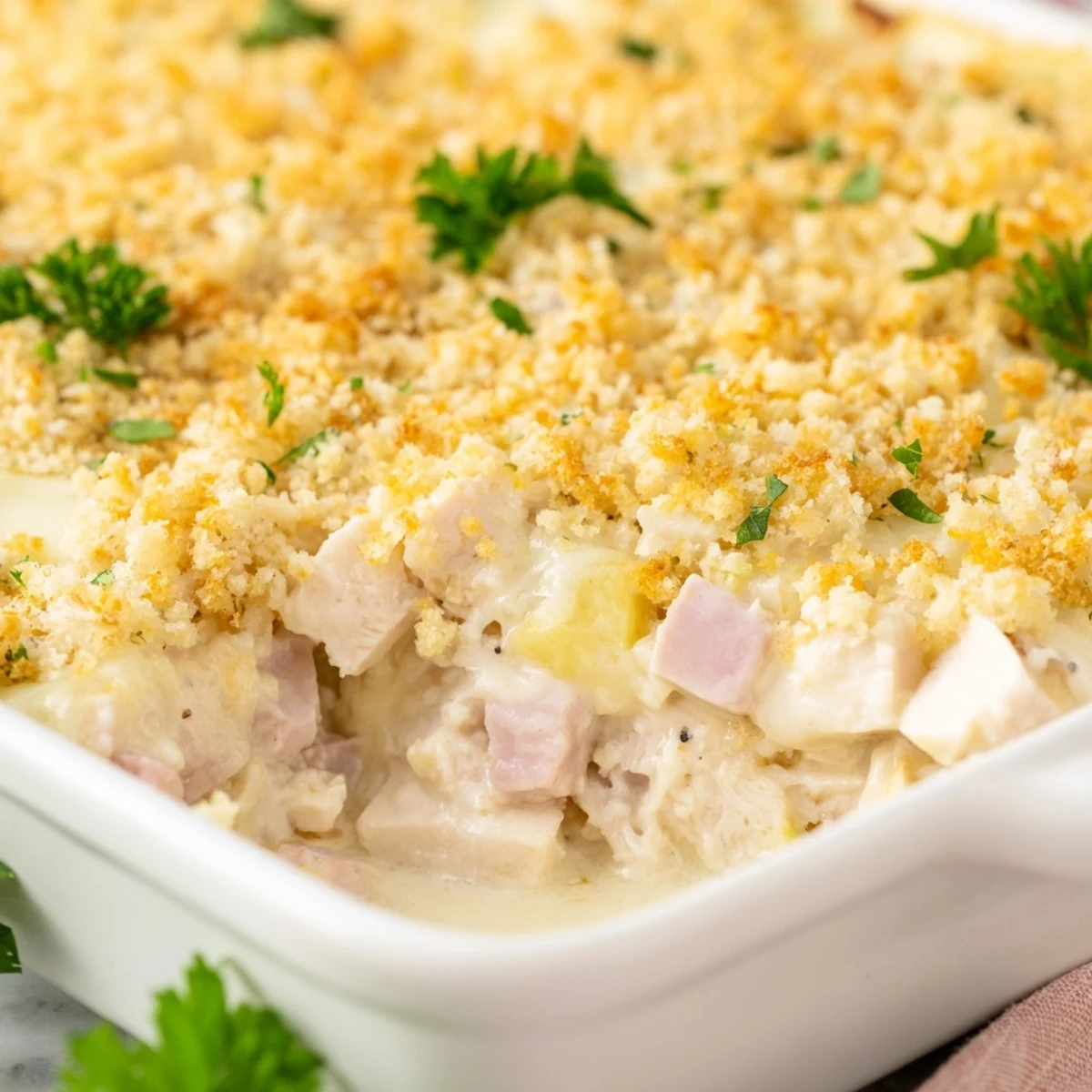 Golden, bubbly Chicken Cordon Bleu Casserole fresh from the oven with melted Swiss cheese and a crispy panko topping.