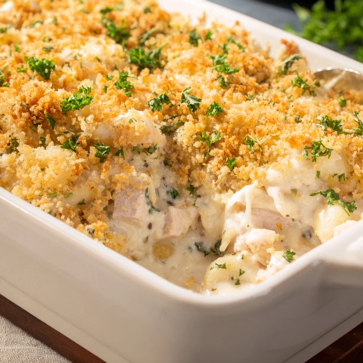 A family-friendly serving of Chicken Cordon Bleu Casserole on a plate, featuring creamy sauce and tender chicken with turkey.
