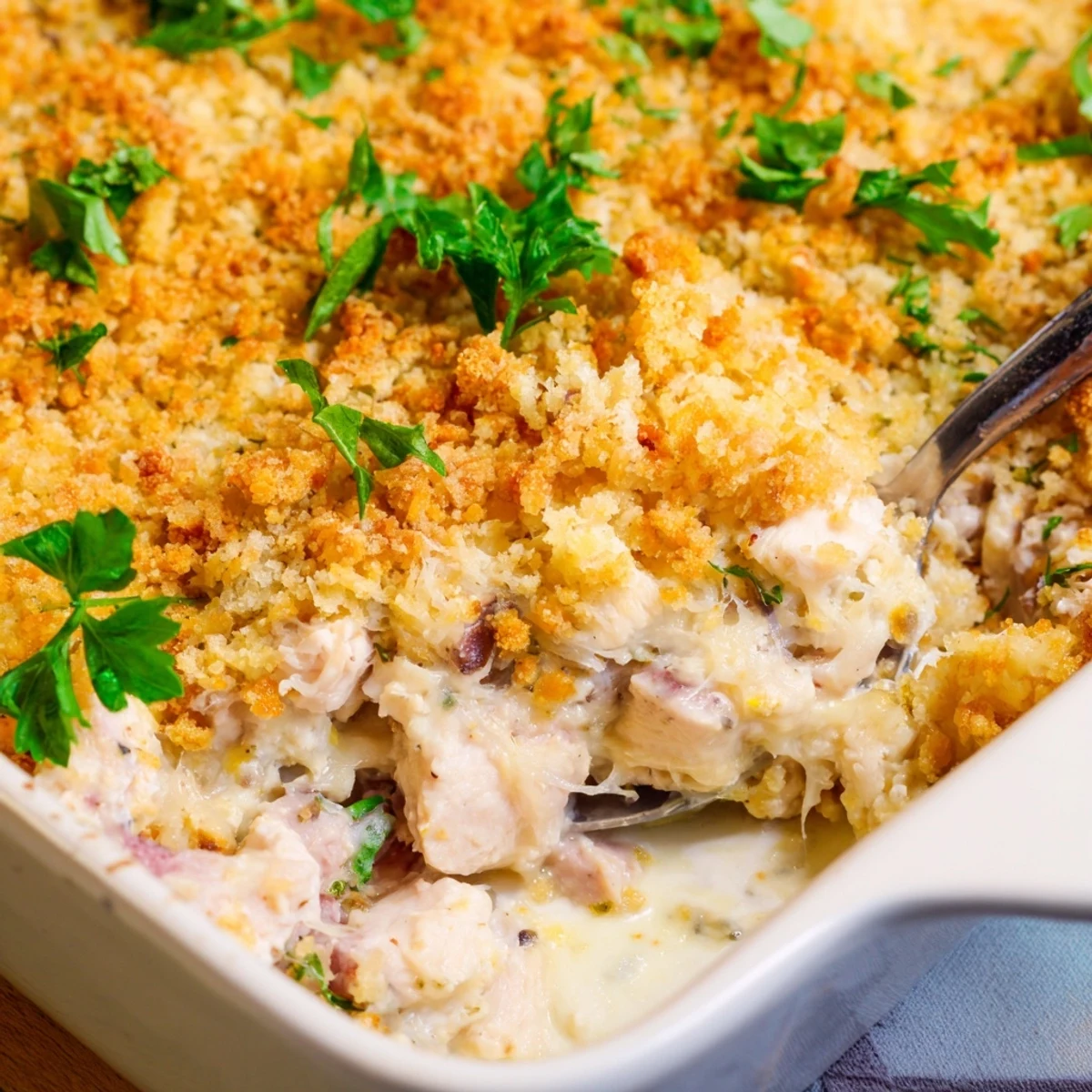 Comforting slice of Chicken Cordon Bleu Casserole plated with a side salad, ready for a weeknight family dinner.
