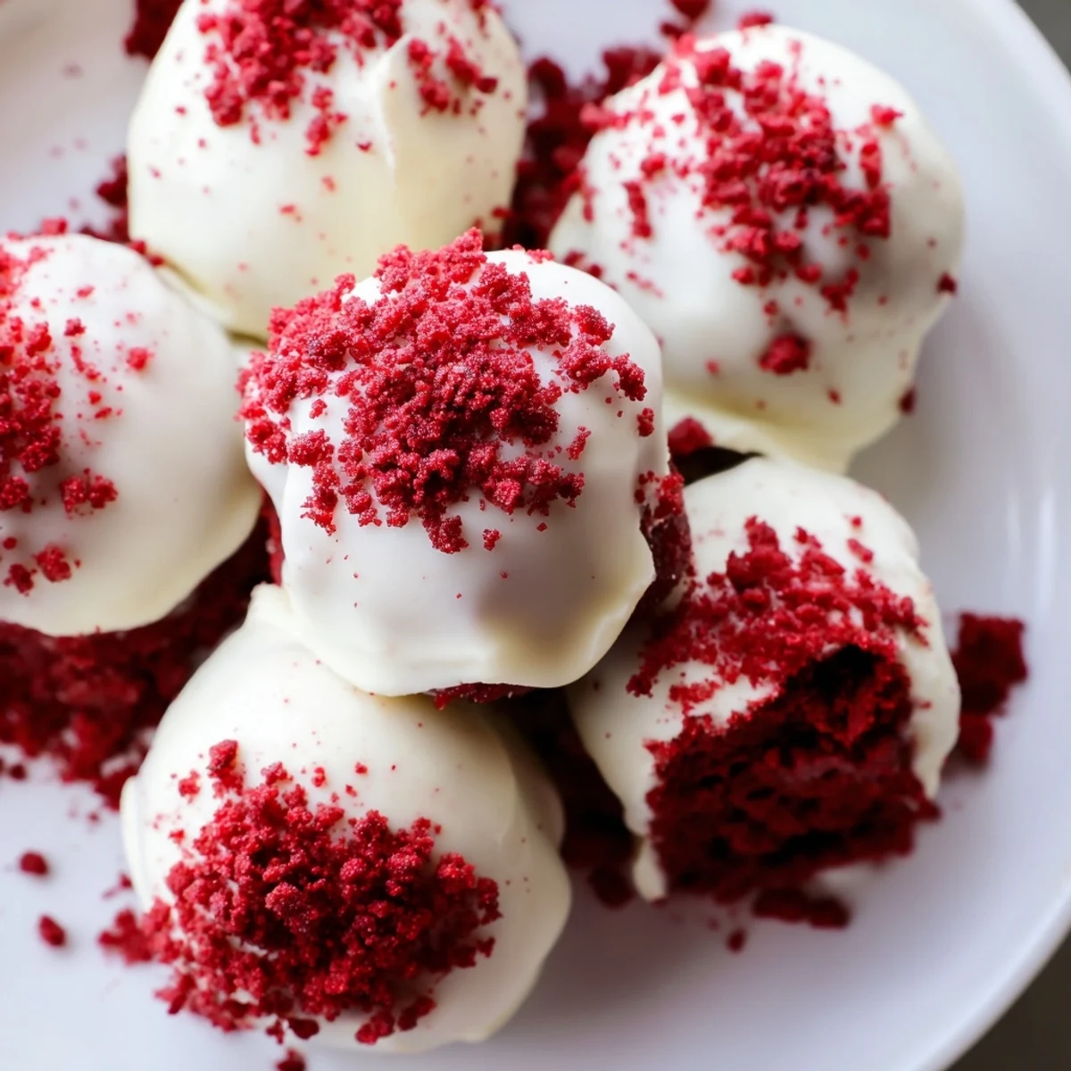 Cooling homemade red velvet truffles on a tray, dipped in white chocolate, perfect for holiday parties or edible gifts.