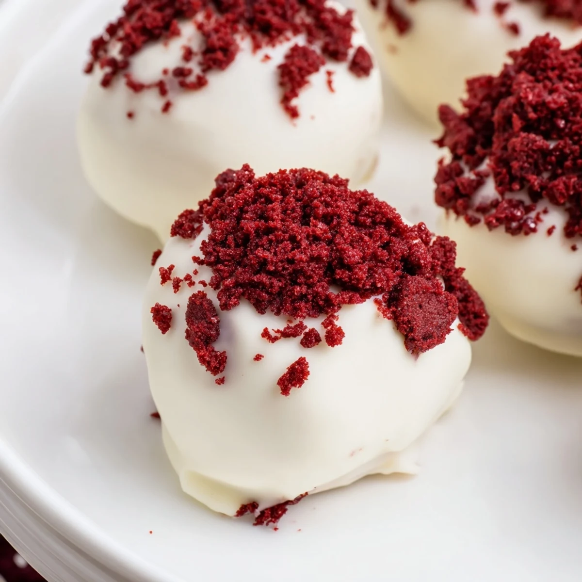 Perfectly smooth Red Velvet Truffles with cream cheese filling are coated in white chocolate and garnished with red cake crumbs for a festive treat.
