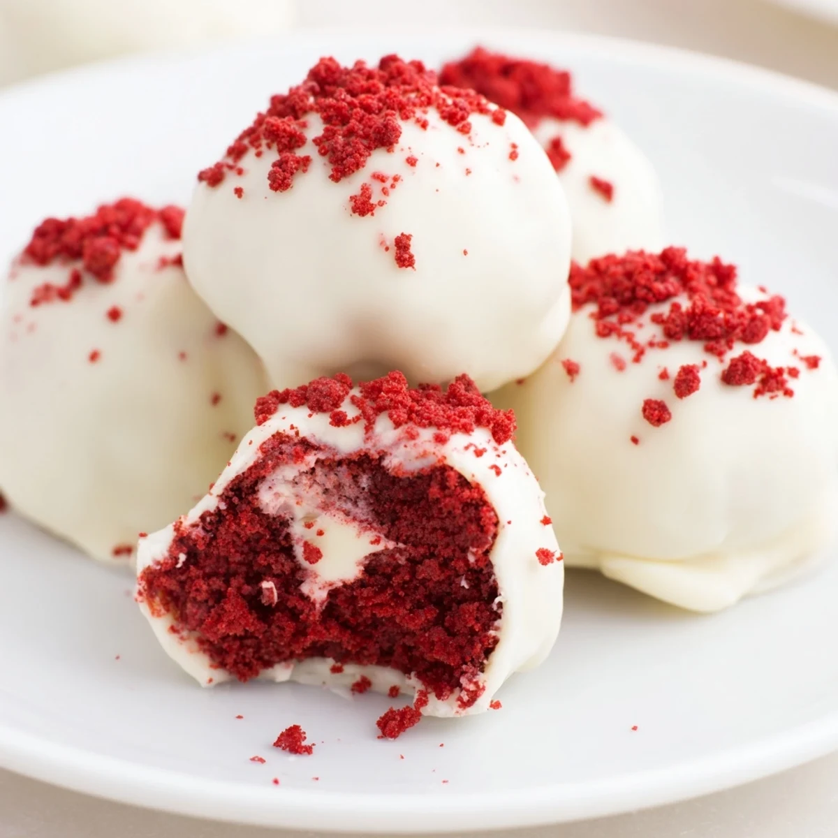 Freshly dipped Red Velvet Truffles with cream cheese filling arranged on a white plate, ready to serve as a bite-sized dessert.