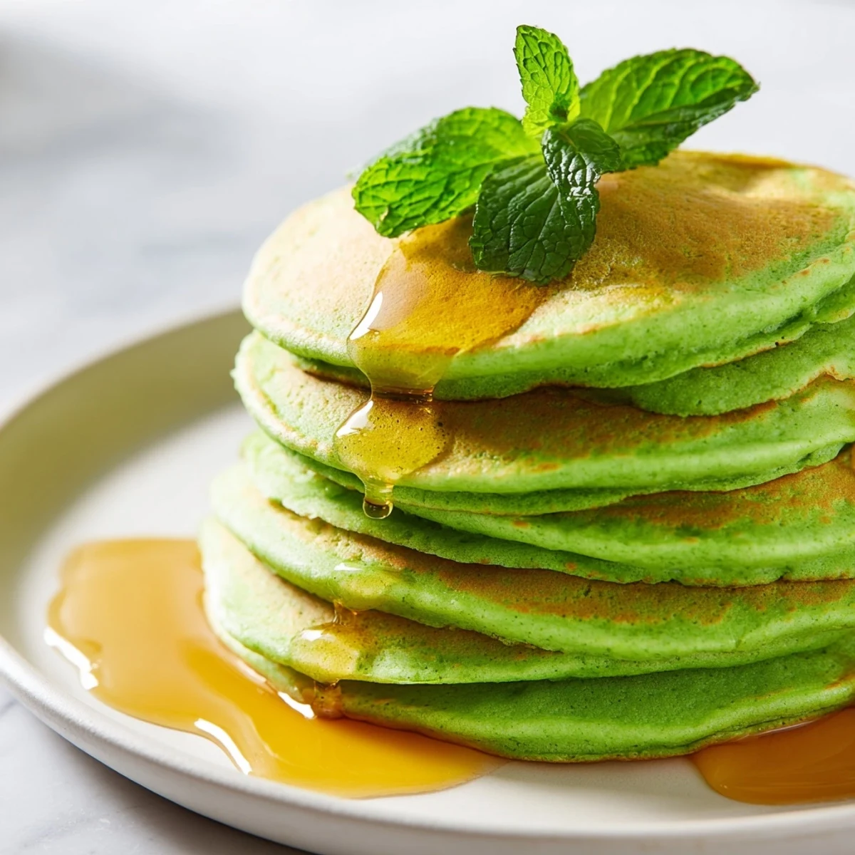 Golden-brown Shamrock Green Pancakes stacked high, drizzled with sweet maple syrup on a rustic plate.  