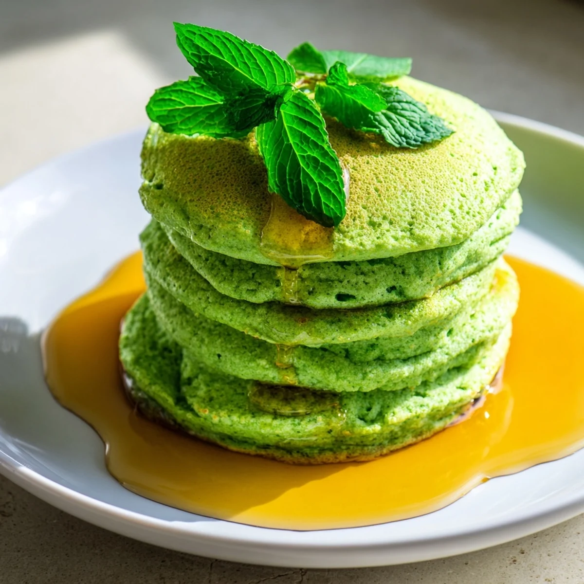 A close-up of fluffy Shamrock Green Pancakes with a dollop of whipped cream and fresh mint.  