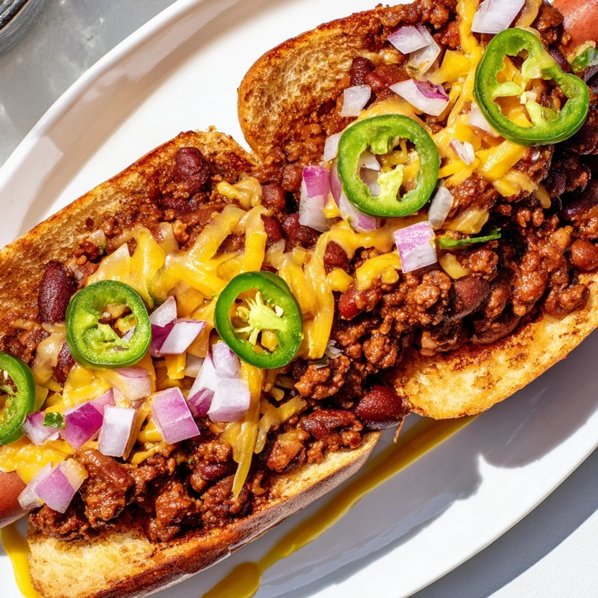 The Tailgate Chili Dog Bar setup displays eight warm buns and franks, surrounded by bowls of savory chili and colorful toppings like scallions, sour cream, and mustard.