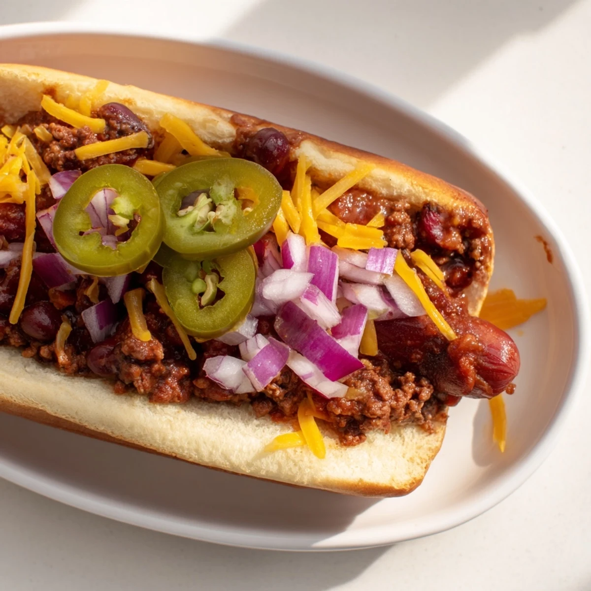 Close-up of a Tailgate Chili Dog Bar with a juicy beef frank nestled in a soft bun, smothered in hearty, simmered chili and topped with vibrant cheddar, red onions, and jalapeños.