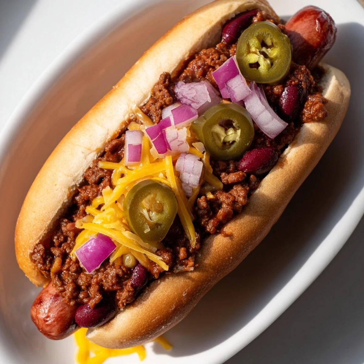 A vibrant Tailgate Chili Dog Bar features golden-brown beef franks and warm buns, ready for guests to load up with rich chili and a festive spread of condiments.